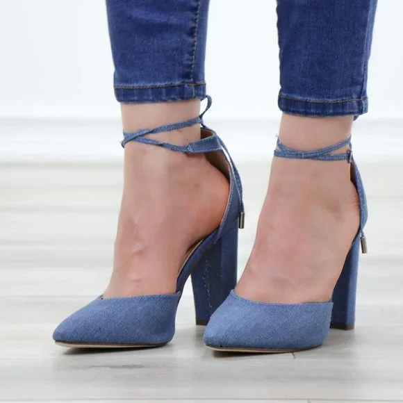 Denim Pointy Toe Block Lace-Up High Heel Pumps - Picture 3 of 12